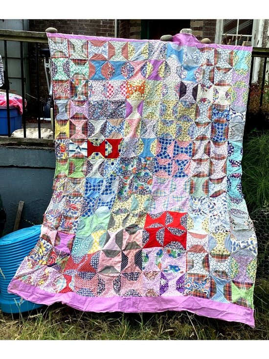 Handmade Other - Vintage Handmade Bow Tie Pattern Quilt Top 96x71 Machine Sewn Some Feed Sack